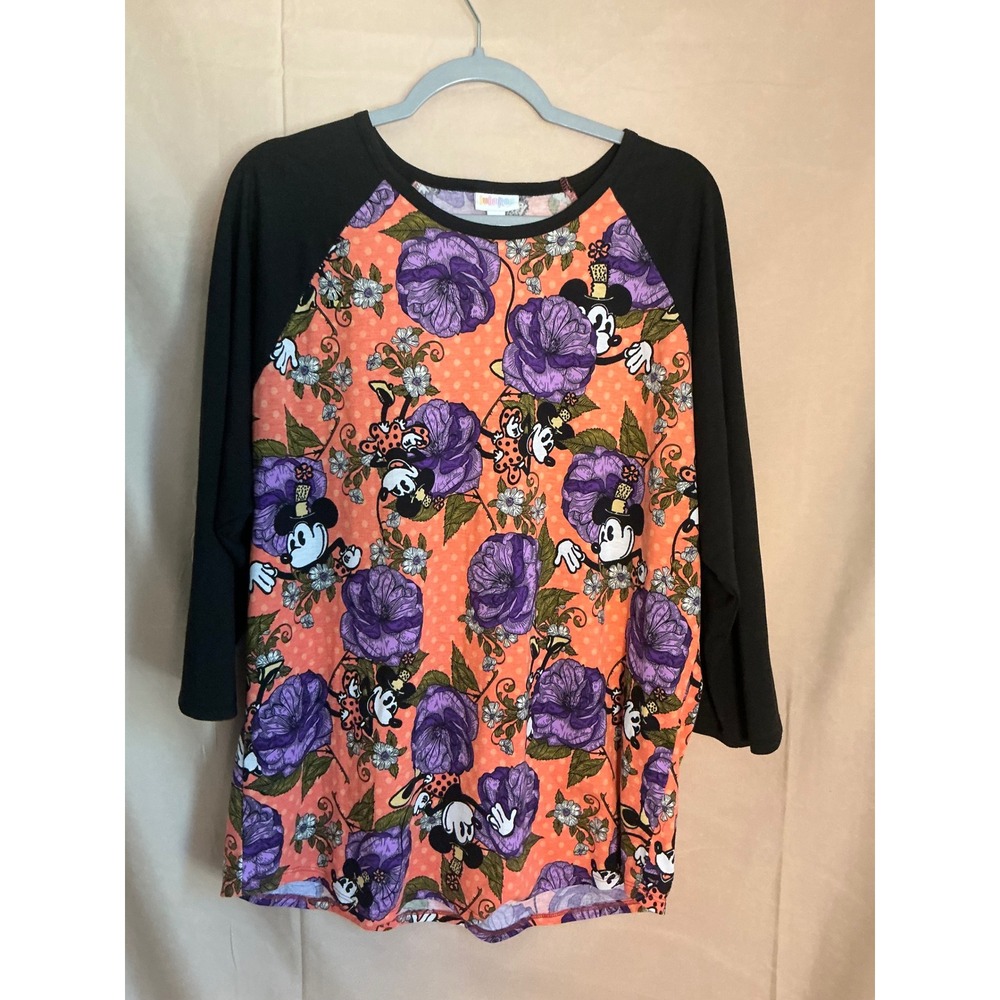 LuLaRoe Randy Baseball Tee Women 3XL Orange Purple Mickey Floral Raglan Shirt